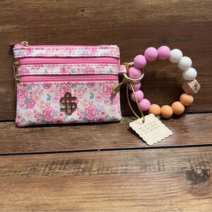 Simply Southern Pink Floral Wristlet Key & Card Holder with Beaded Bracelet